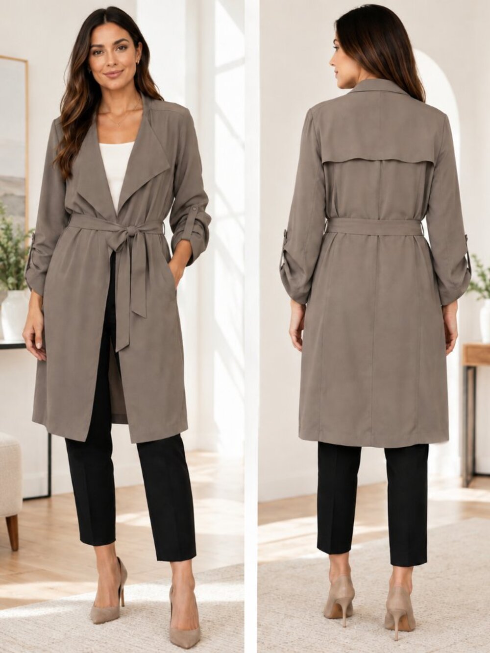 Aritzia Babaton Quincey Flowy Belted Trench Coat Taupe S